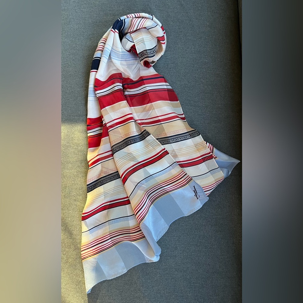 Gorg JL Vintage Striped Red Beige Blue Black Women’s Silk Scarf Wrap 20”x60” EUC